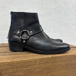 ASOS Stacked Heel Western Black Leather Chelsea Boots Buckle Size UK 5 US 6